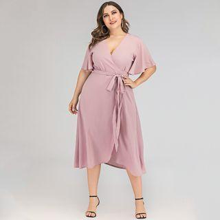Plus Size Short-sleeve Wrap Midi A-line Dress