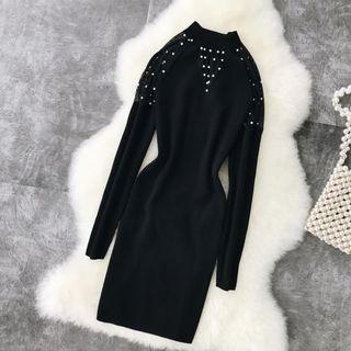 Long-sleeve Mesh Panel Embellished Mini Knit Dress Black - One Size