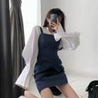 Mini Suspender Skirt / Plain Lantern-sleeve Blouse