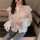 Bell-sleeve Ruffle Trim Blouse Almond - One Size