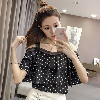 Dotted Off-shoulder Elbow-sleeve Top