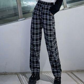 Long-sleeve Raglan T-shirt / Plaid Wide-leg Pants / Set