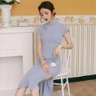 Plain Cap-sleeve Slit Midi Qipao