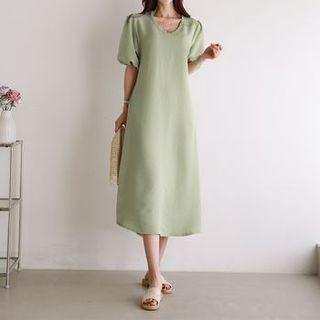 Puff-sleeve U-neck Maxi Dress
