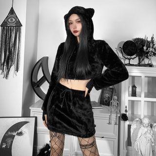 Set: Fluffy Ear Cropped Hoodie + Mini Skirt