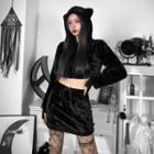 Set: Fluffy Ear Cropped Hoodie + Mini Skirt