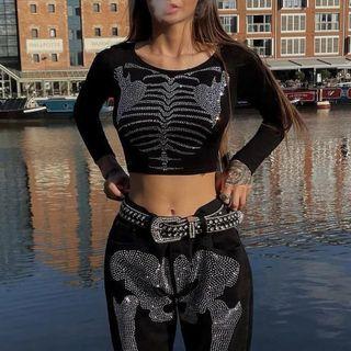 Short Sleeve Bone Rhinestone Crop Top