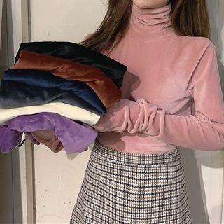 Long-sleeve Turtle-neck Velvet T-shirt
