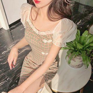 Plaid Slim-fit Puff-sleeve Dress