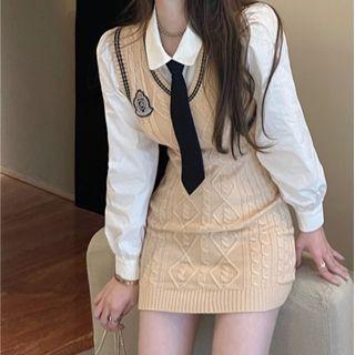 Sleeveless Cable Knit Mini Sheath Dress / Plain Shirt