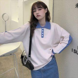 Two Tone Knit Polo Shirt Blue & Beige - One Size