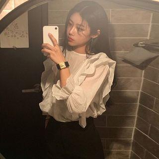 Plain Ruffled-trim Long-sleeve Shirt As Shown In Figure - One Size