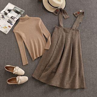 Set: Turtleneck Knit Top + Suspender Midi A-line Skirt