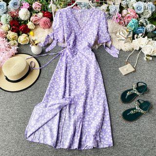 Wrapped Floral Print Tie-waist Midi Dress