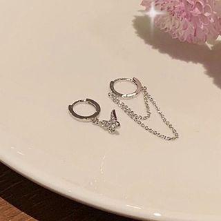 Asymmetrical Rhinestone Butterfly Hoop Earring 1 Pair - Silver - One Size