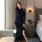 Bell-sleeve Midi Slit Sheath Dress