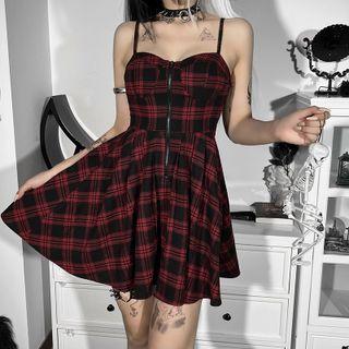Spaghetti Strap Plaid Zip Mini A-line Dress