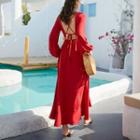 Balloon-sleeve Cross-back Maxi A-line Dress