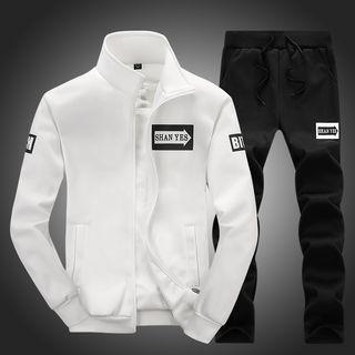 Set: Lettering Zip-up Jacket + Drawstring Sweatpants