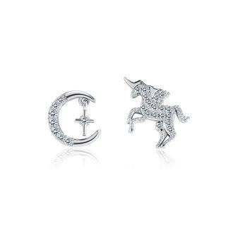 925 Sterling Silver Unicorn Moon Stud Earrings With Austrian Element Crystal Silver - One Size