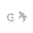 925 Sterling Silver Unicorn Moon Stud Earrings With Austrian Element Crystal Silver - One Size