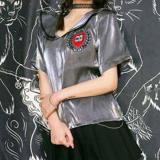 Short-sleeve Sailor-collar Japanese Character Top Silver - One Size