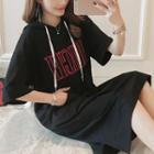 Letter Embroidered Elbow Sleeve Hoodie Dress