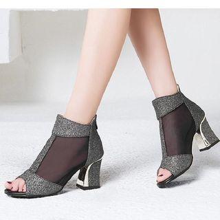 Mesh Panel Chunky-heel Peep-toe Ankle Boots