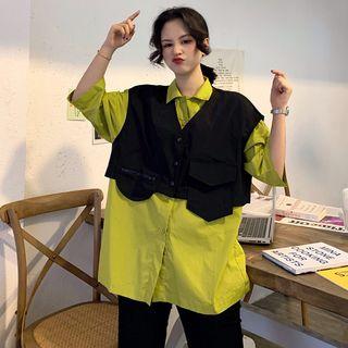 Set: Elbow-sleeve Shirt + V-neck Vest