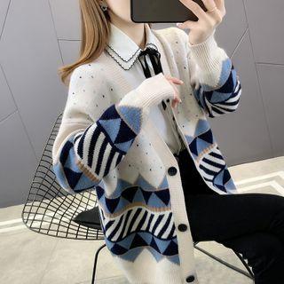 Long-sleeve Color Block Printed Knit Cardigan