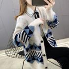 Long-sleeve Color Block Printed Knit Cardigan