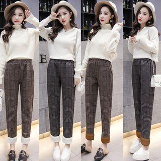 Fleece-trim Plaid Slim-fit Pants