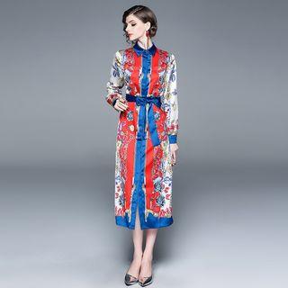 Long-sleeve Print Midi Shirt Dress