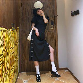 Puff-sleeve Mandarin Collar Slit Midi A-line Dress