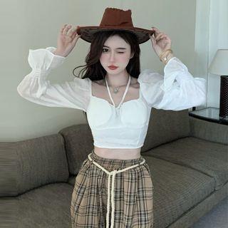 Long-sleeve Cropped Blouse / Plaid Loose Fit Pants