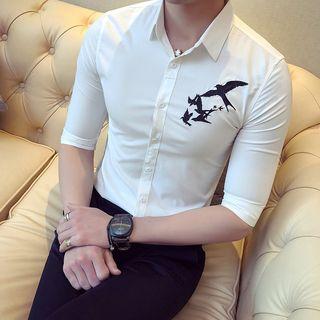 Bird Embroidered Elbow-sleeve Shirt