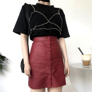 Set: Beaded Short Sleeve T-shirt + Faux Leather A-line Skirt
