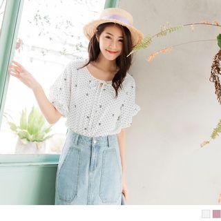 Frilled Trim Bow Dotted Print Lace-up Top