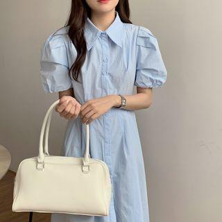 Puff-sleeve Plain Midi Shirt Dress