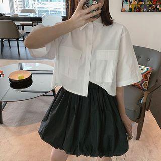 Elbow-sleeve Plain Loose-fit Collar Blouse