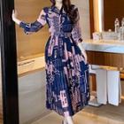 Long-sleeve Printed Pleated A-line Midi Dress