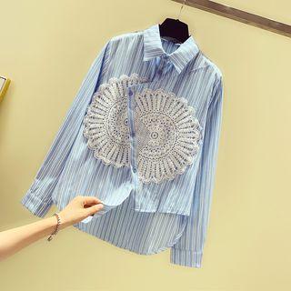 Crochet-lace Asymmetric-hem Striped Shirt