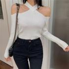 Cold-shoulder Halter Ribbed Knit Top