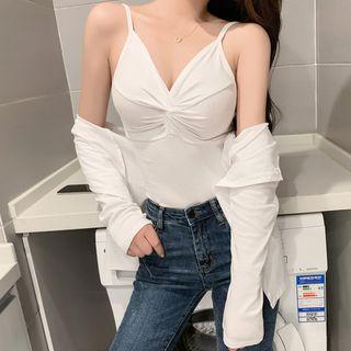 Set: Plain V-neck Camisole Top + Cardigan