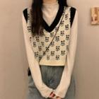 V-neck Contrast Trim Flower Print Vest / Long-sleeve Mock-neck Plain Top