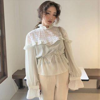Long-sleeve Dotted Eyelet Lace Panel Top As Shown In Figure - One Size