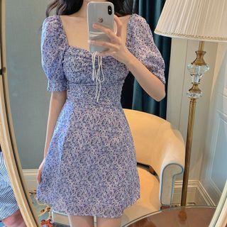 Short-sleeve Flower Print Mini Sheath Dress / Undershorts