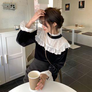 Semi High-neck Lace Cut-out Panel Top Black - One Size
