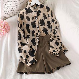 Leopard Print Long-sleeve Blouse / Plain High-waist Shorts