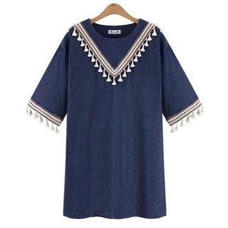 Tasseled Elbow-sleeve Shift Denim Dress